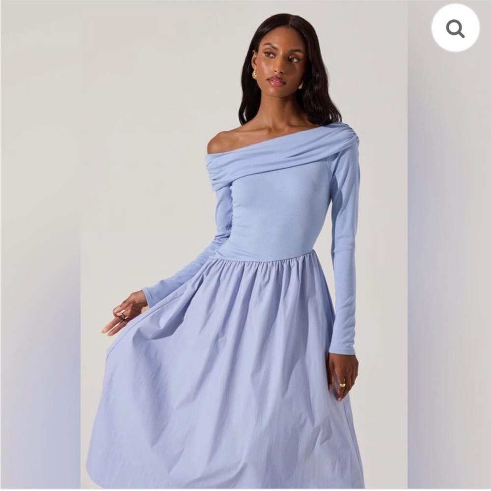 ASTR The Label Mixed Media Off The Shoulder Dress | Blue | Medium - Picture 3 of 7